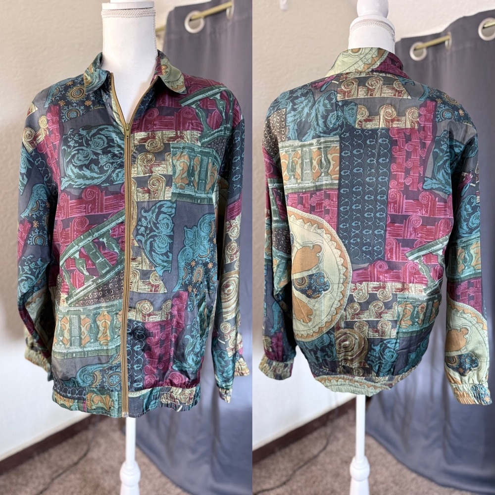 Oleg Cassini Silk Bomber Jacket Medium Multi Color Baroque Print Zip Up